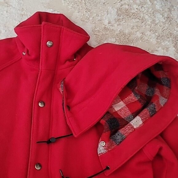 Vintage Woolrich Women Wool Chore Coat Size S Red Plaid Hooded Barn Zip Button - Picture 15 of 16